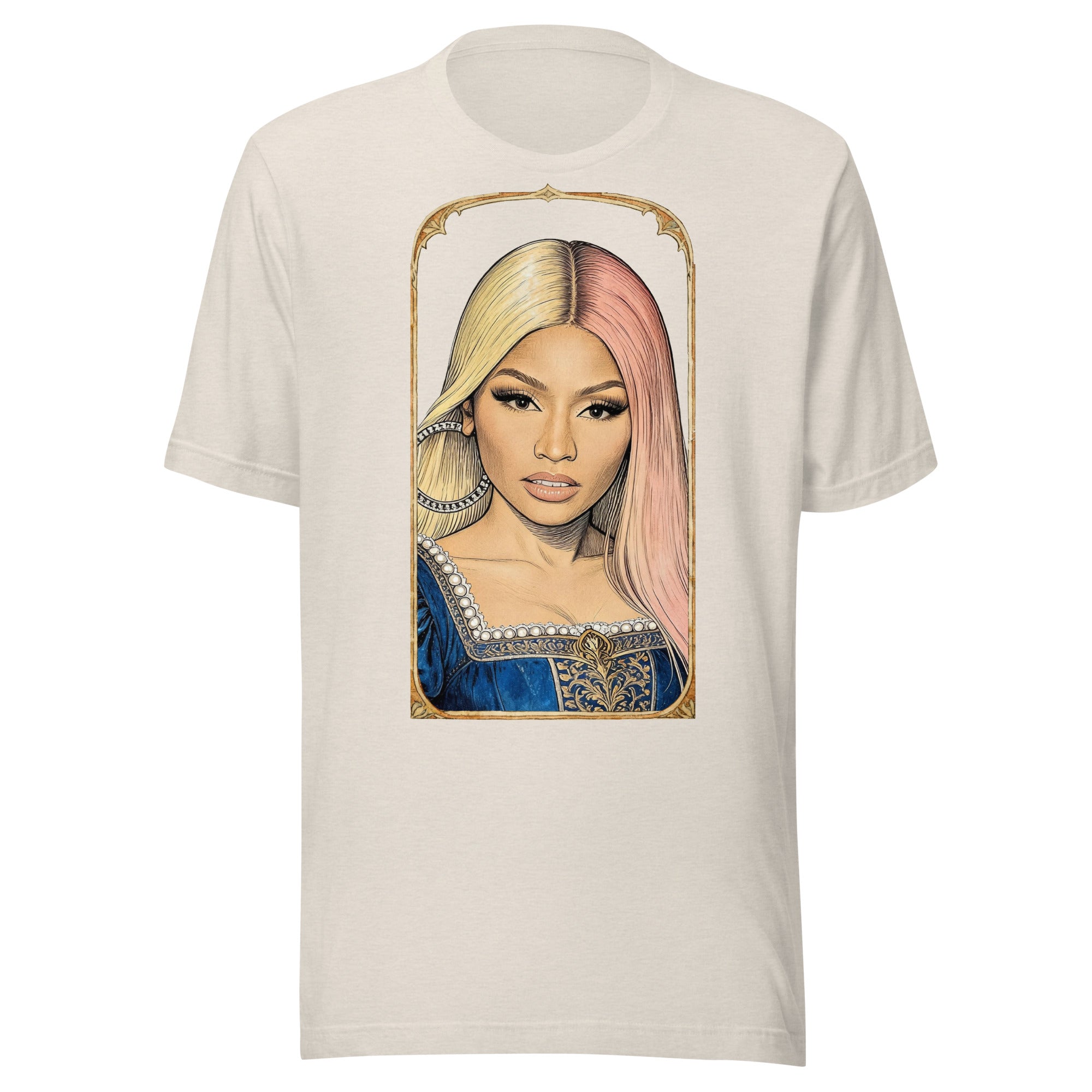 Heather Dust t-shirt featuring an exclusive pencil-sketch and engraving portrait of Nicki Minaj. The design depicts the artist as a medieval knight wearing detailed plate armor. The artwork is encased in an ornate gold arched border inspired by 14th-century illuminated manuscripts.
