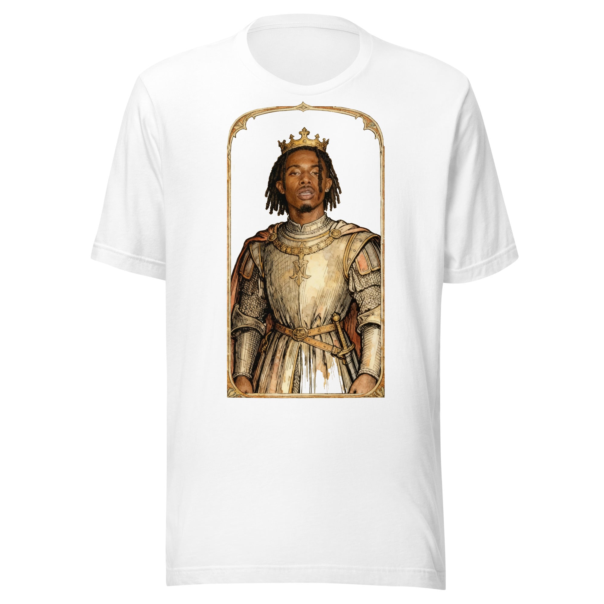 White t-shirt featuring an exclusive pencil-sketch and engraving portrait of Playboi Carti. The design depicts the artist as a medieval knight wearing detailed plate armor. The artwork is encased in an ornate gold arched border inspired by 14th-century il