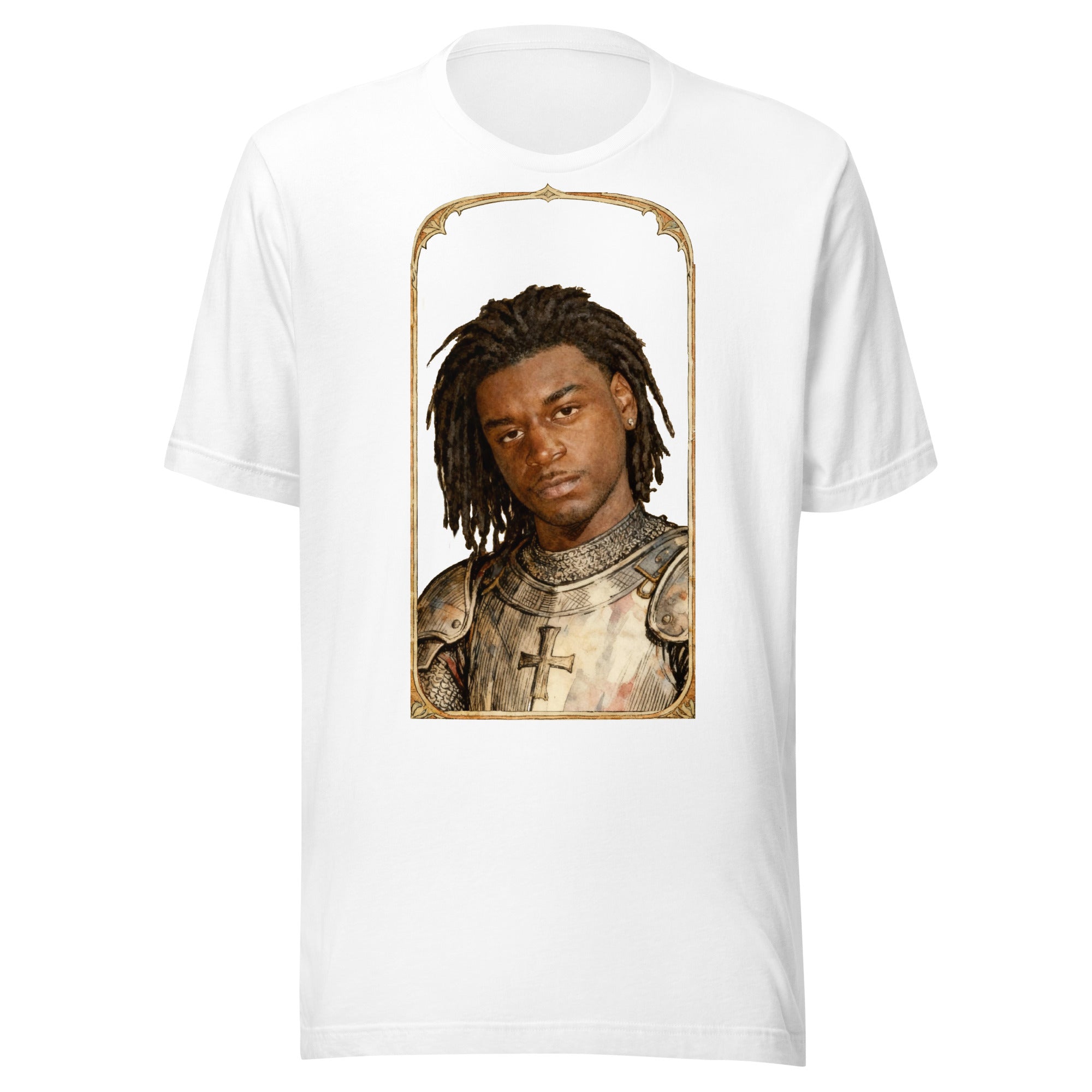 White t-shirt featuring an exclusive pencil-sketch and engraving portrait of Ken Carson. The design depicts the artist as a medieval knight wearing detailed plate armor. The artwork is encased in an ornate gold arched border inspired by 14th-century illum