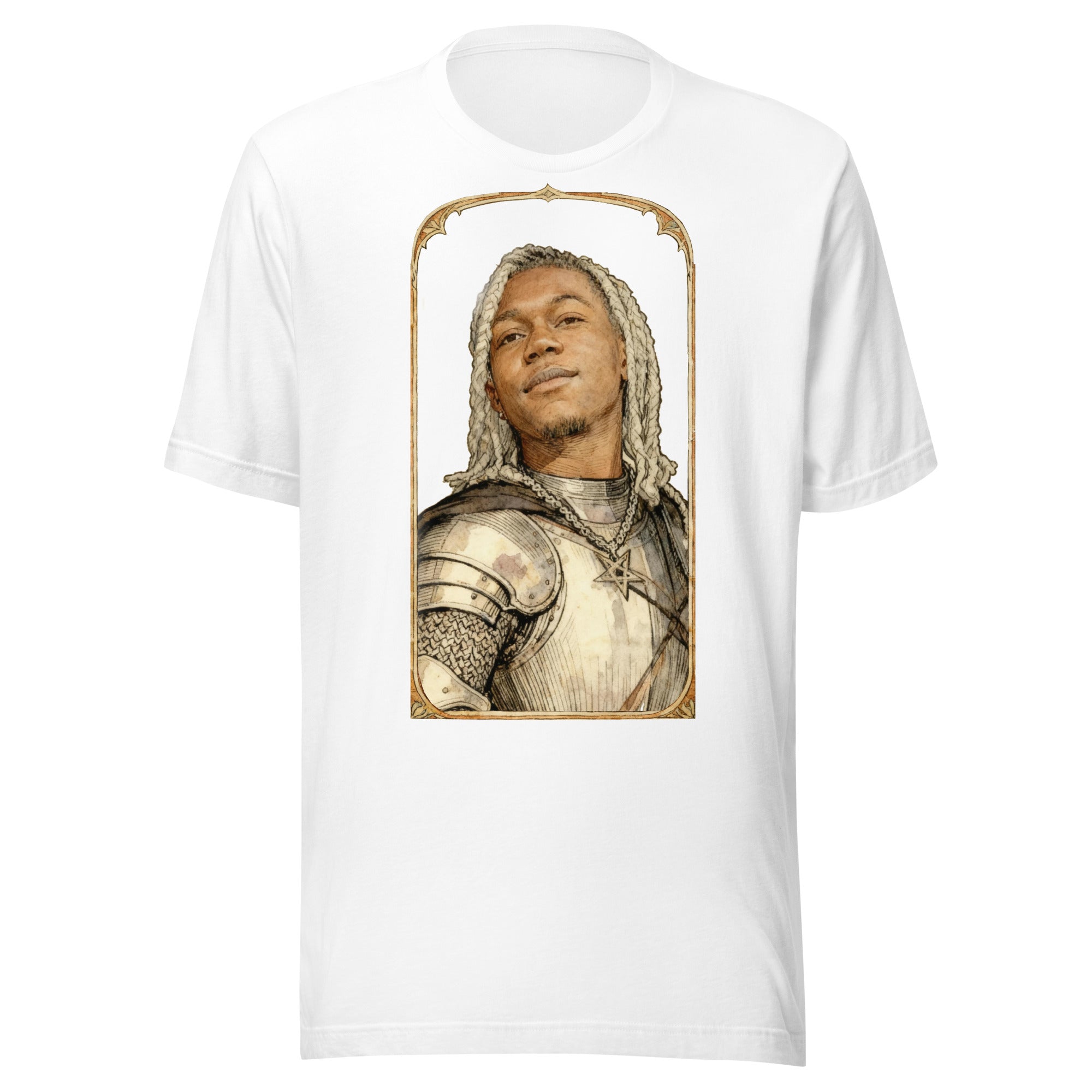 White t-shirt featuring an exclusive pencil-sketch and engraving portrait of Destroy Lonely. The design depicts the artist as a medieval knight wearing detailed plate armor. The artwork is encased in an ornate gold arched border inspired by 14th-century i