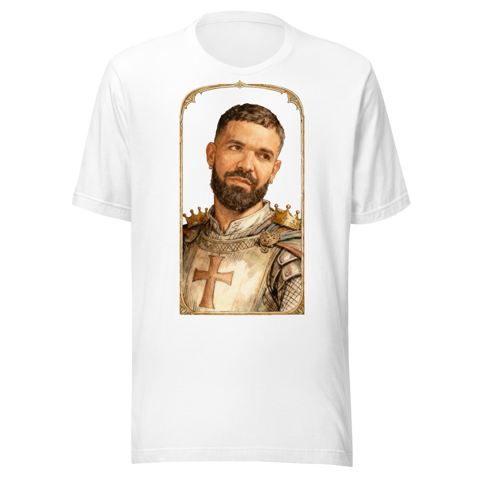 White t-shirt featuring an exclusive pencil-sketch and engraving portrait of Drake. The design depicts the artist as a medieval knight wearing detailed plate armor. The artwork is encased in an ornate gold arched border inspired by 14th-century illuminate