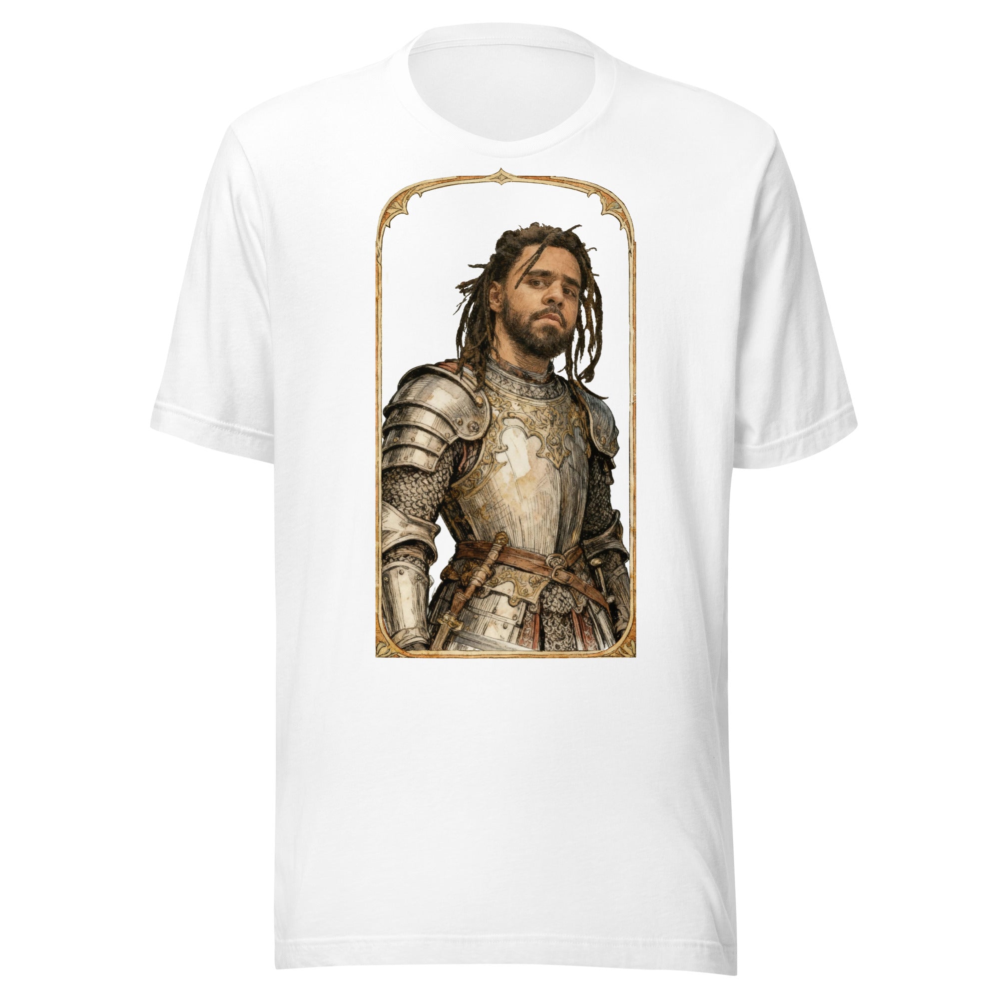 White t-shirt featuring an exclusive pencil-sketch and engraving portrait of J Cole. The design depicts the artist as a medieval knight wearing detailed plate armor. The artwork is encased in an ornate gold arched border inspired by 14th-century illuminat