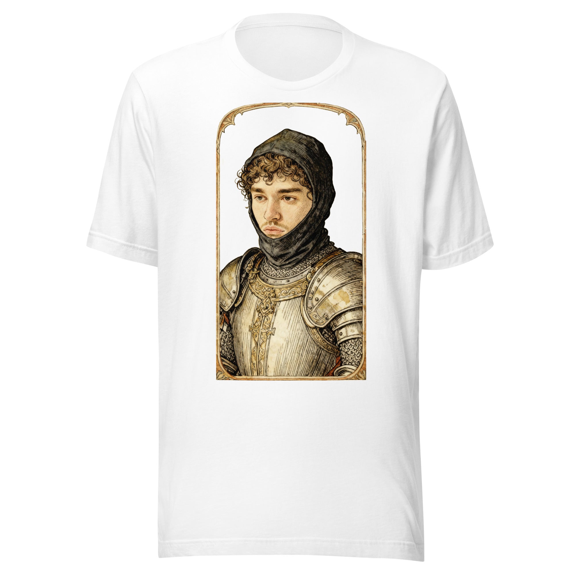 White t-shirt featuring an exclusive pencil-sketch and engraving portrait of Yeat. The design depicts the artist as a medieval knight wearing detailed plate armor. The artwork is encased in an ornate gold arched border inspired by 14th-century illuminated