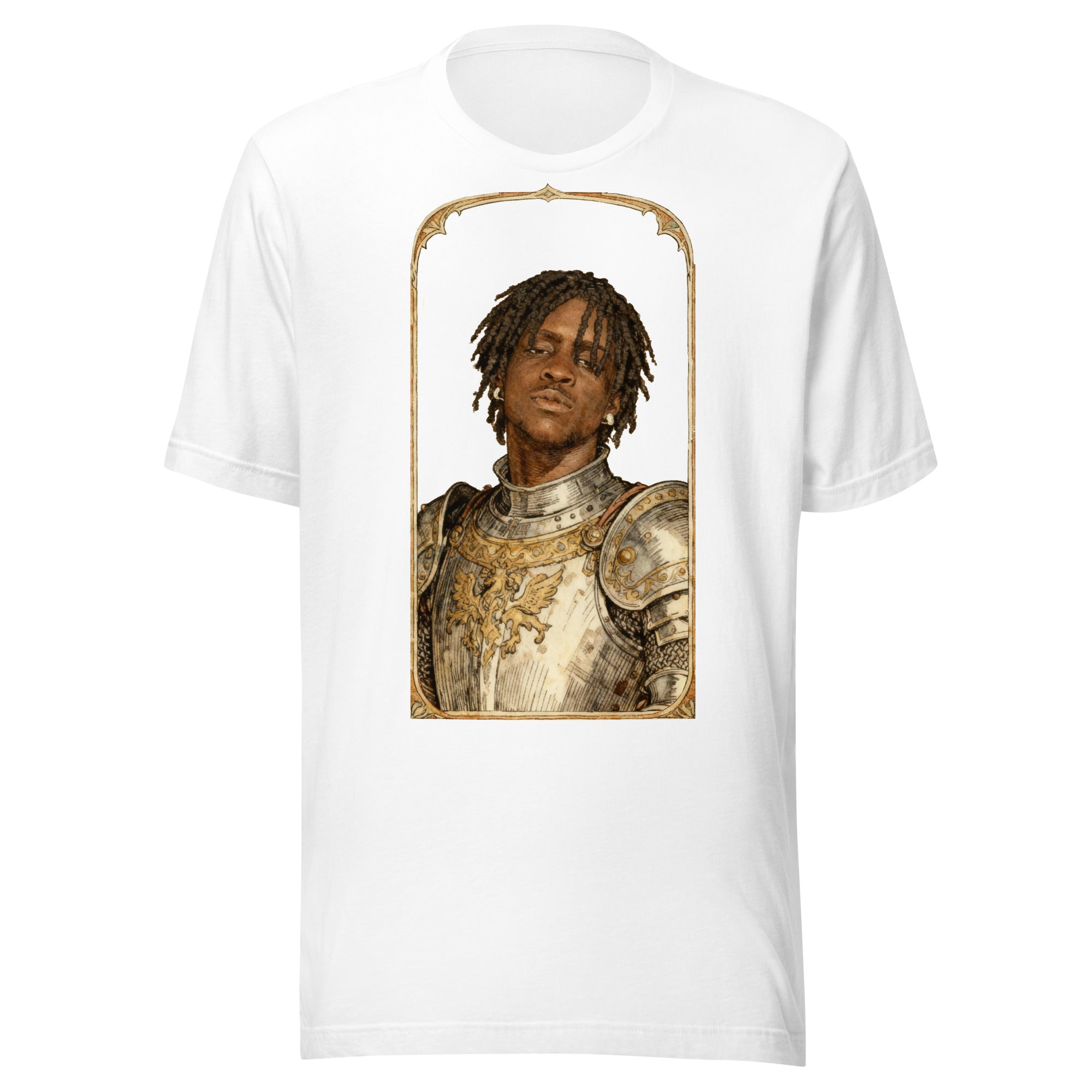 White t-shirt featuring an exclusive pencil-sketch and engraving portrait of Chief Keef. The design depicts the artist as a medieval knight wearing detailed plate armor. The artwork is encased in an ornate gold arched border inspired by 14th-century illum