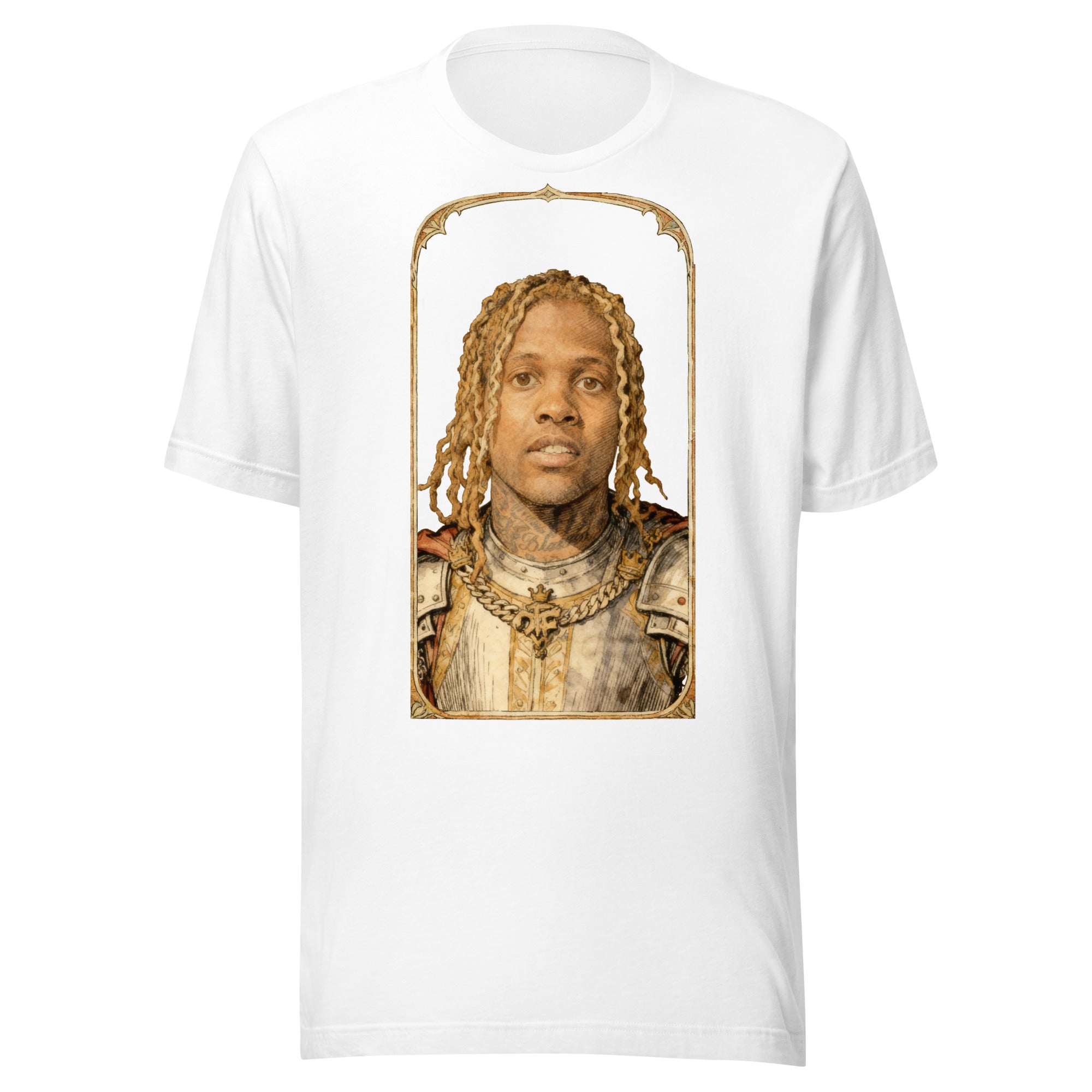 White t-shirt featuring an exclusive pencil-sketch and engraving portrait of Lil Durk. The design depicts the artist as a medieval knight wearing detailed plate armor. The artwork is encased in an ornate gold arched border inspired by 14th-century illumin