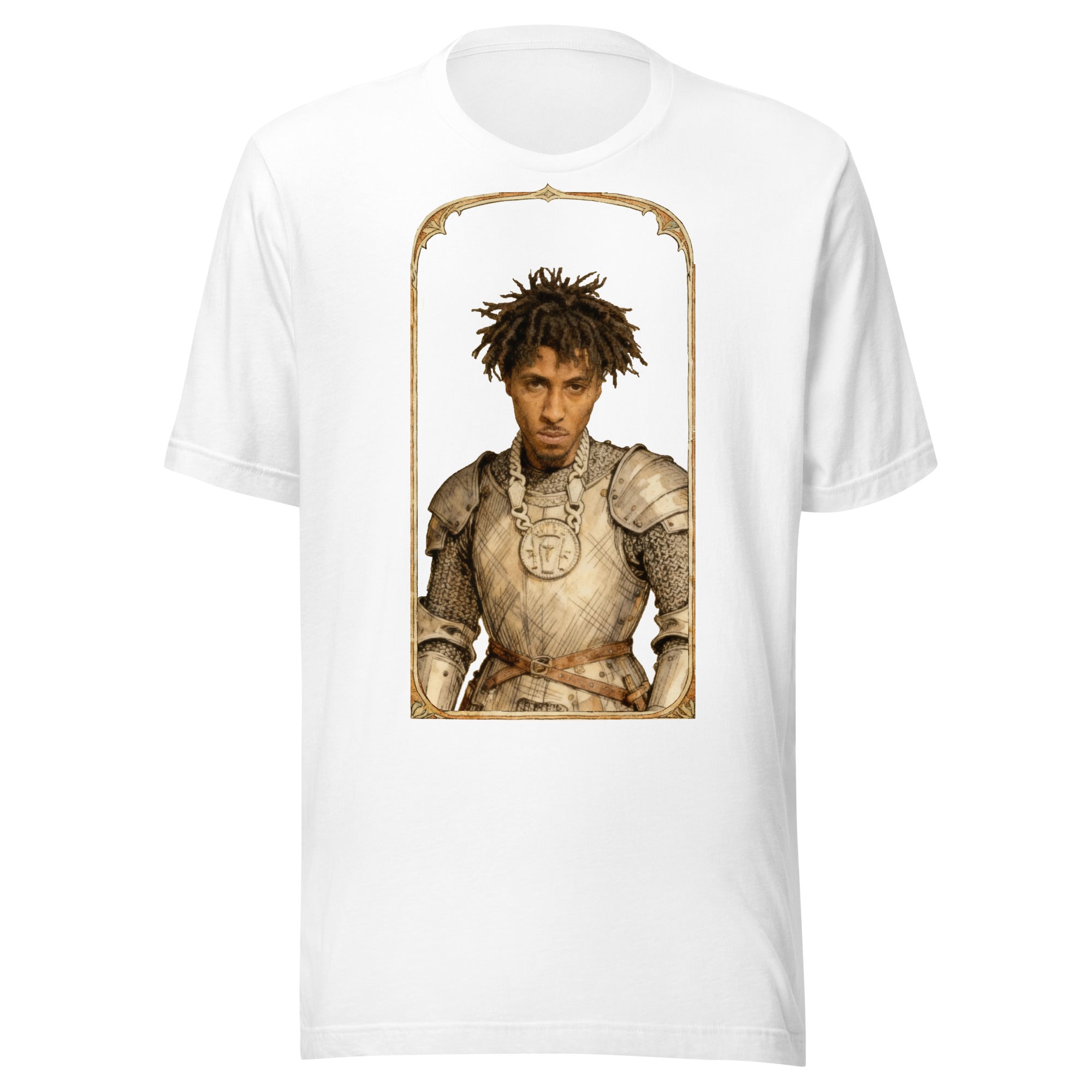 White t-shirt featuring an exclusive pencil-sketch and engraving portrait of NBA Youngboy. The design depicts the artist as a medieval knight wearing detailed plate armor. The artwork is encased in an ornate gold arched border inspired by 14th-century ill