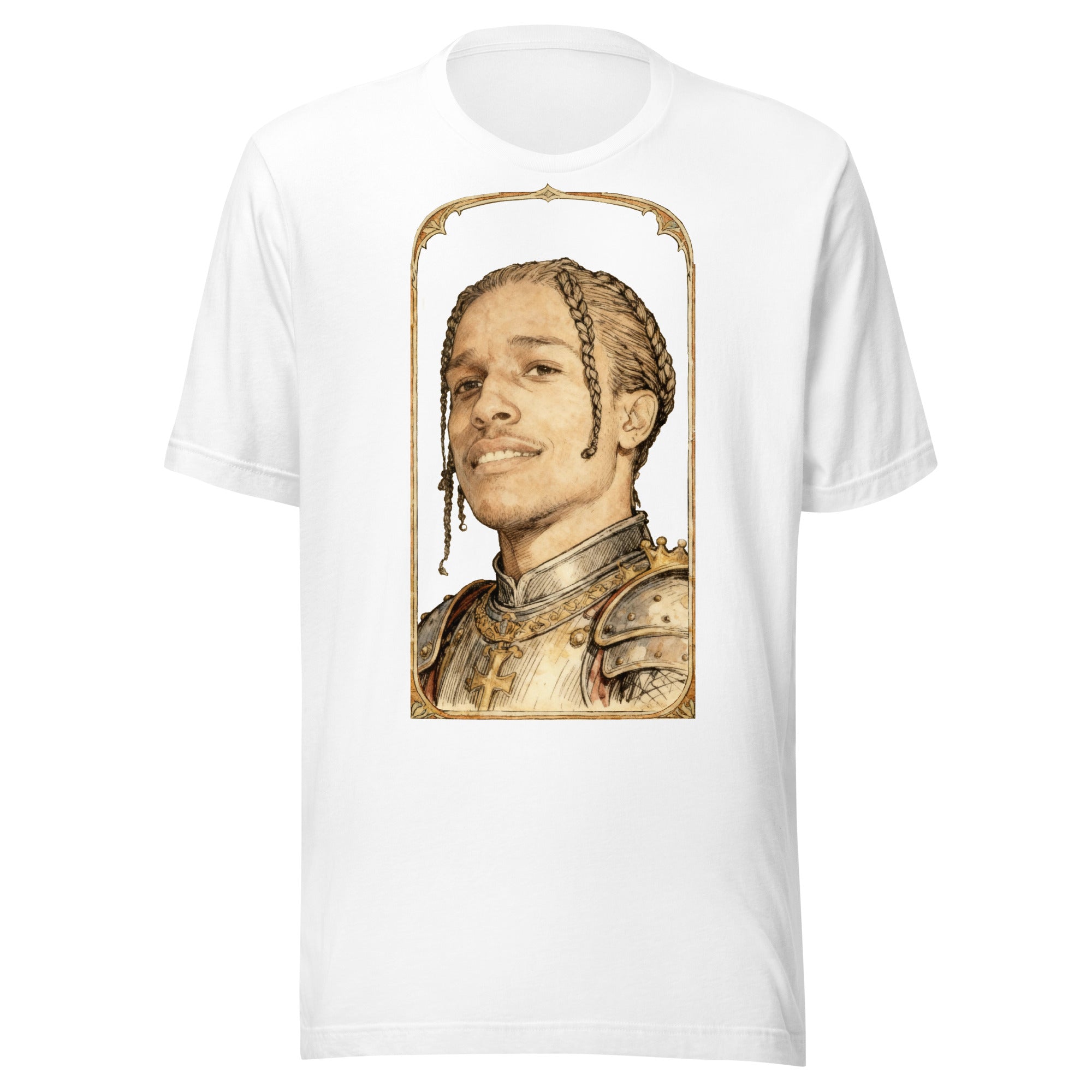 White t-shirt featuring an exclusive pencil-sketch and engraving portrait of ASAP Rocky. The design depicts the artist as a medieval knight wearing detailed plate armor. The artwork is encased in an ornate gold arched border inspired by 14th-century illum