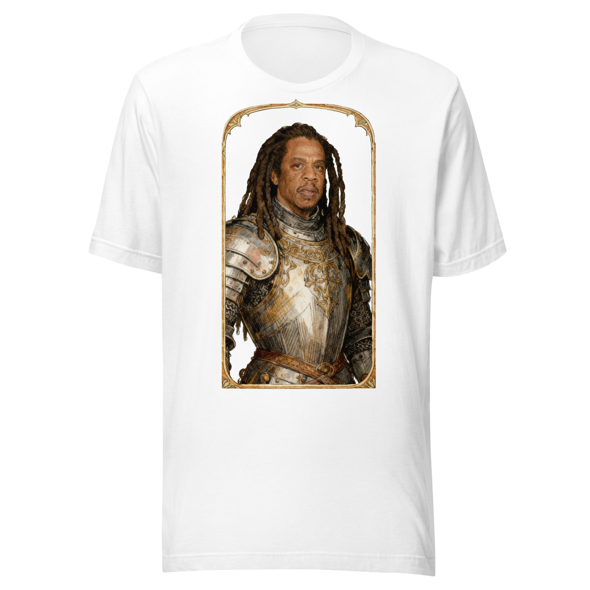 White t-shirt featuring an exclusive pencil-sketch and engraving portrait of Jay Z. The design depicts the artist as a medieval knight wearing detailed plate armor. The artwork is encased in an ornate gold arched border inspired by 14th-century illuminated manuscripts.