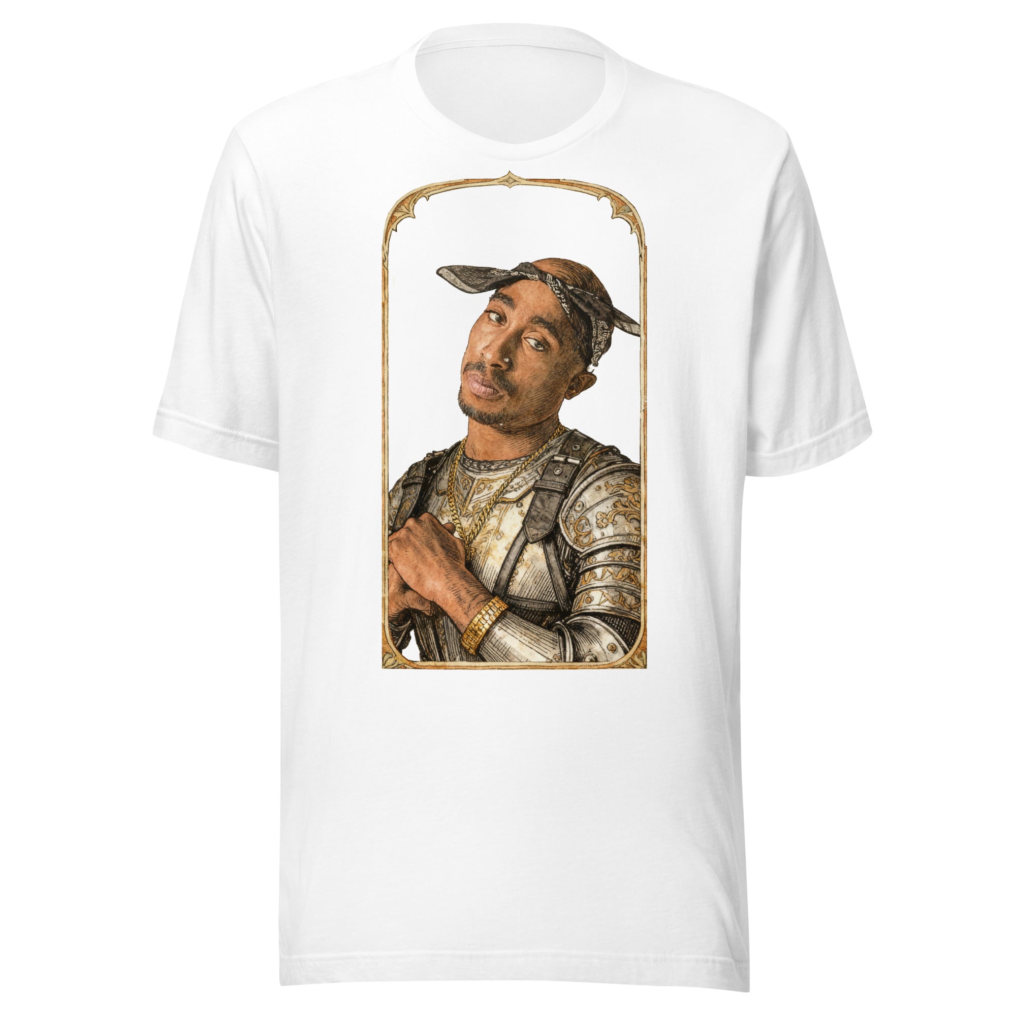 White t-shirt featuring an exclusive pencil-sketch and engraving portrait of 2pac. The design depicts the artist as a medieval knight wearing detailed plate armor. The artwork is encased in an ornate gold arched border inspired by 14th-century illuminated manuscripts.