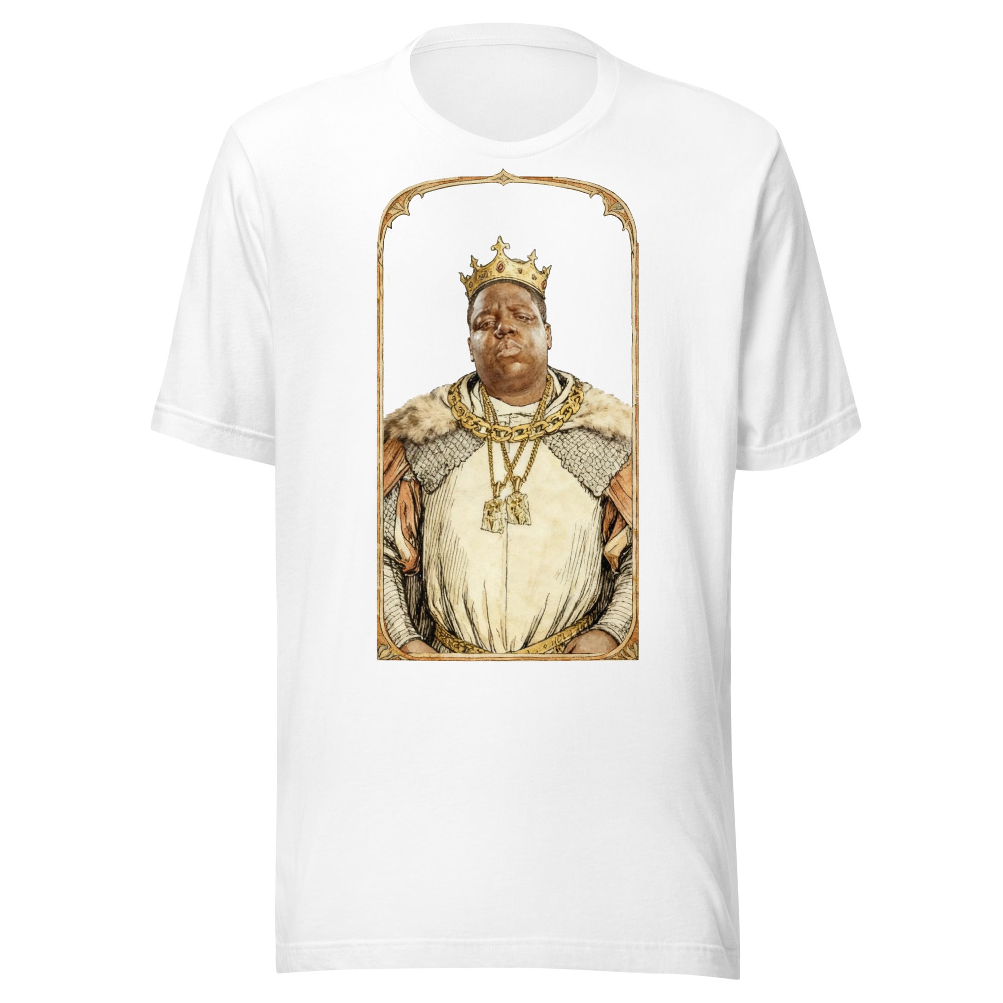 White t-shirt featuring an exclusive pencil-sketch and engraving portrait of Notorious B.I.G.. The design depicts the artist as a medieval knight wearing detailed plate armor. The artwork is encased in an ornate gold arched border inspired by 14th-century illuminated manuscripts.