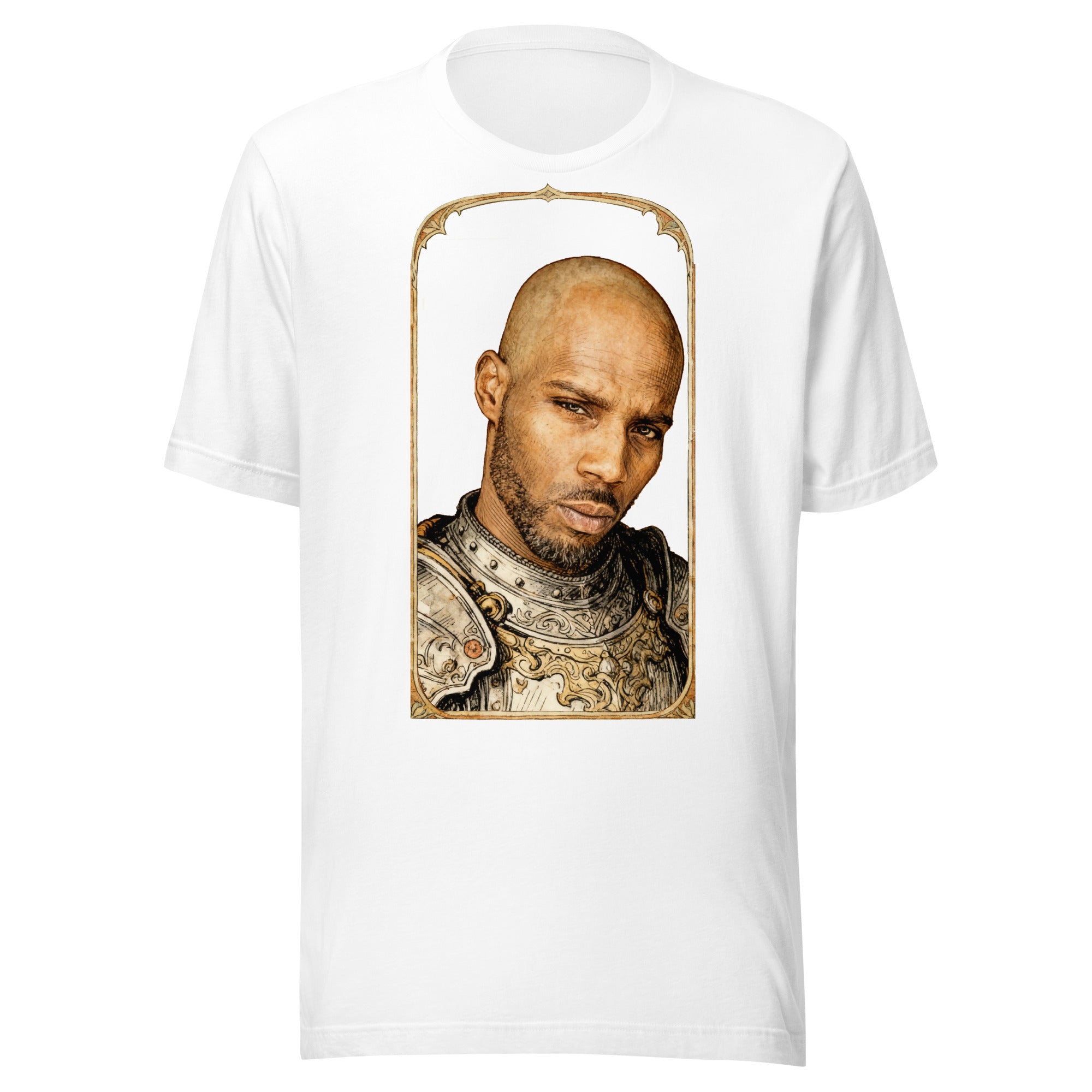 White t-shirt featuring an exclusive pencil-sketch and engraving portrait of DMX. The design depicts the artist as a medieval knight wearing detailed plate armor. The artwork is encased in an ornate gold arched border inspired by 14th-century illuminated manuscripts.
