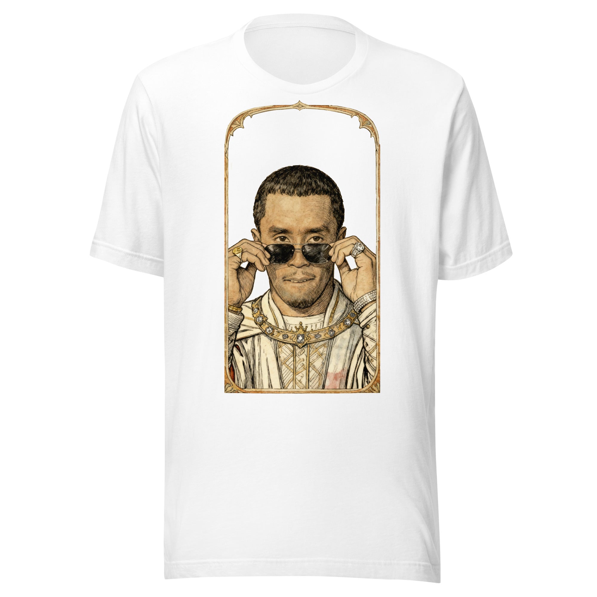 White t-shirt featuring an exclusive pencil-sketch and engraving portrait of Diddy. The design depicts the artist as a medieval knight wearing detailed plate armor. The artwork is encased in an ornate gold arched border inspired by 14th-century illuminated manuscripts.