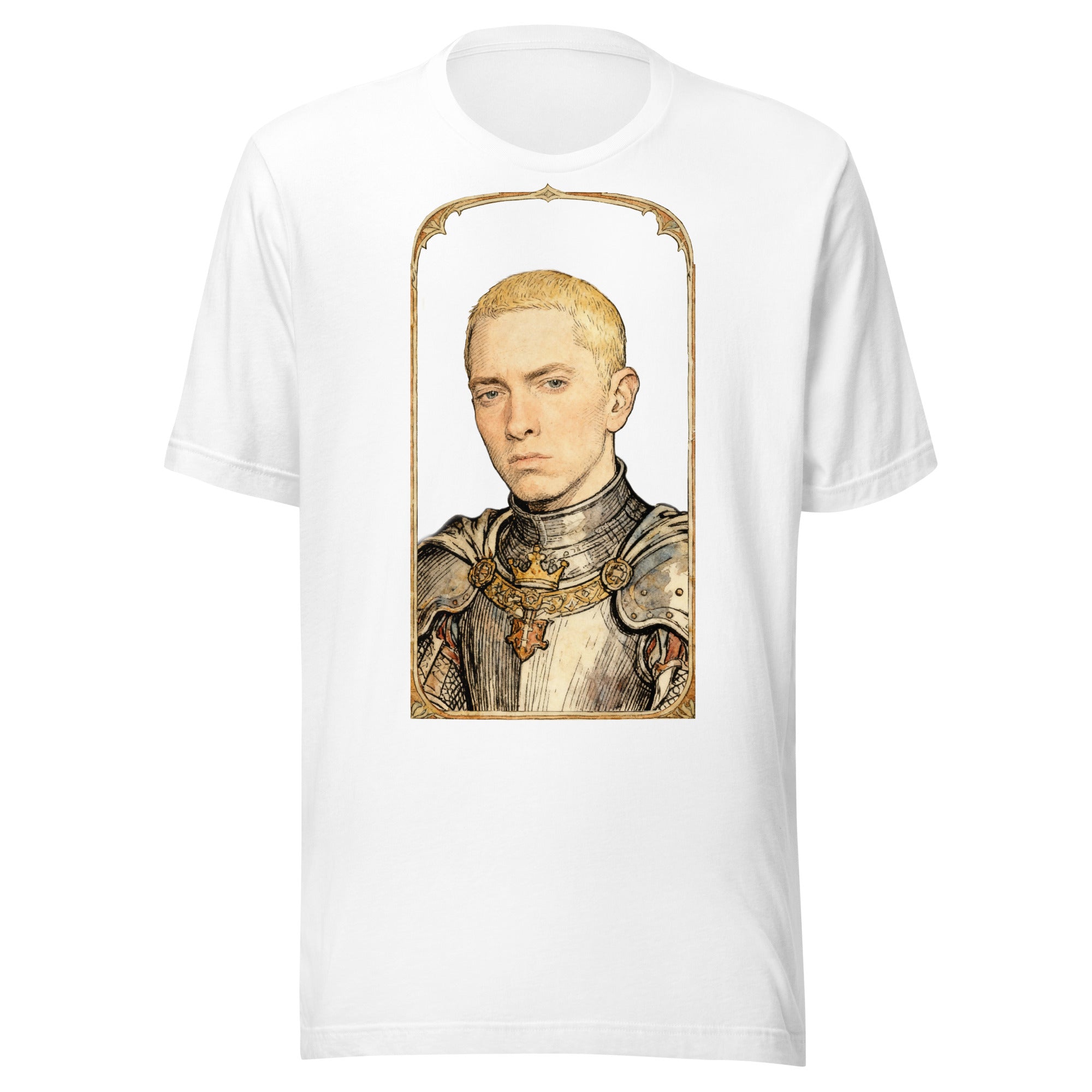 White t-shirt featuring an exclusive pencil-sketch and engraving portrait of Eminem. The design depicts the artist as a medieval knight wearing detailed plate armor. The artwork is encased in an ornate gold arched border inspired by 14th-century illuminated manuscripts.