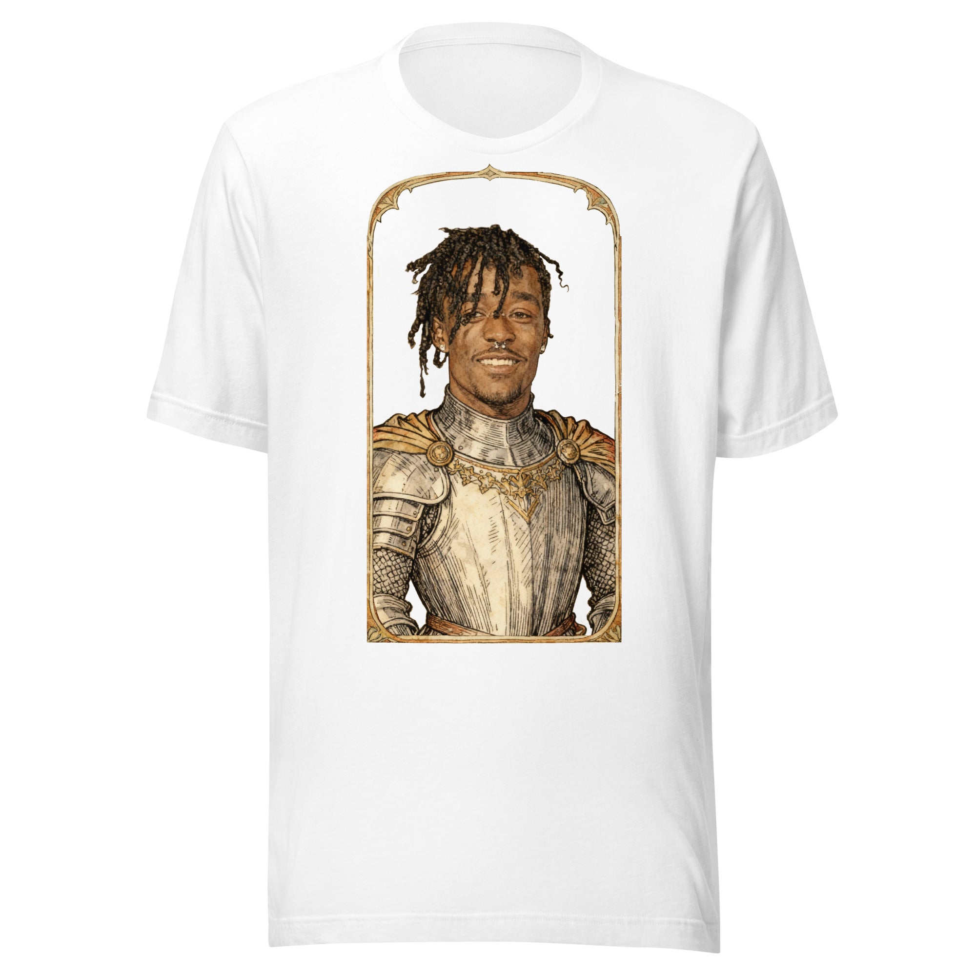 White t-shirt featuring an exclusive pencil-sketch and engraving portrait of Lil Uzi Vert. The design depicts the artist as a medieval knight wearing detailed plate armor. The artwork is encased in an ornate gold arched border inspired by 14th-century illuminated manuscripts.
