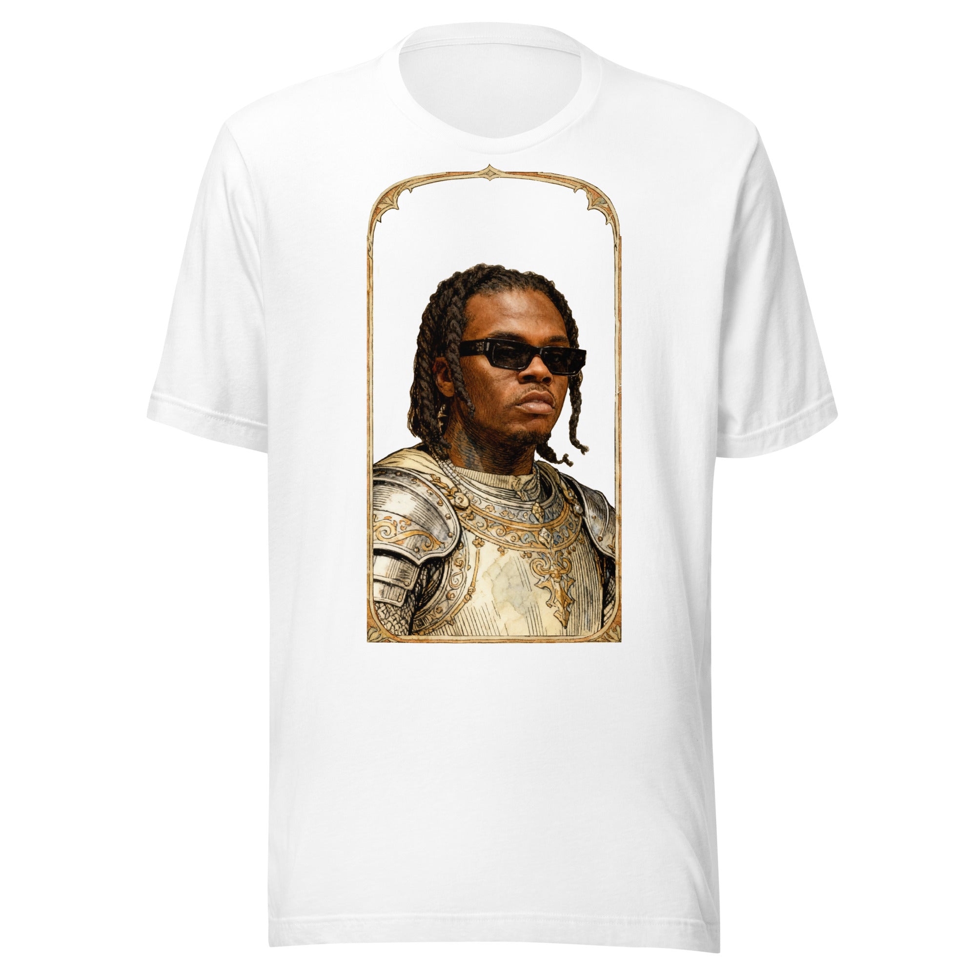 White t-shirt featuring an exclusive pencil-sketch and engraving portrait of Gunna. The design depicts the artist as a medieval knight wearing detailed plate armor. The artwork is encased in an ornate gold arched border inspired by 14th-century illuminated manuscripts.