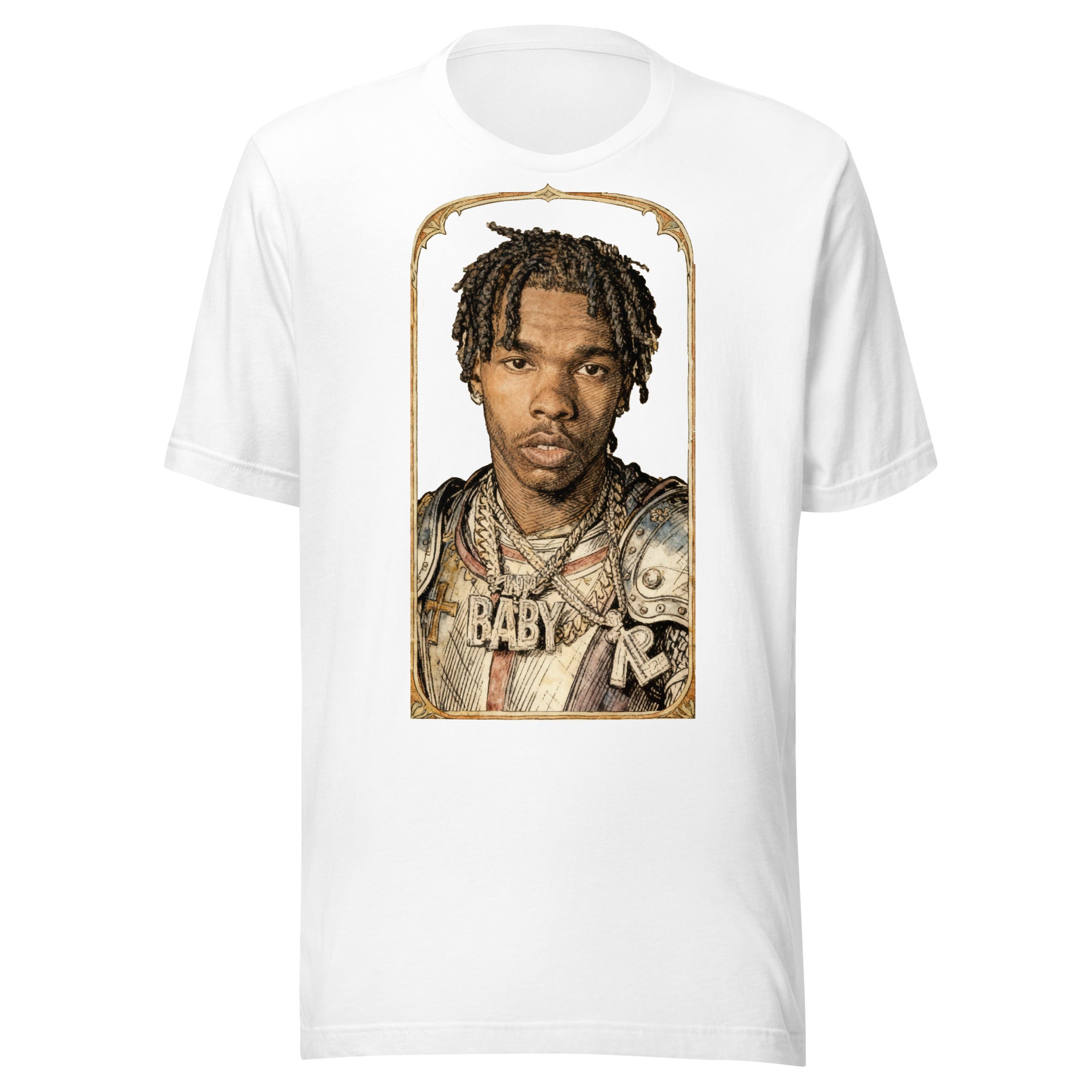 White t-shirt featuring an exclusive pencil-sketch and engraving portrait of Lil Baby. The design depicts the artist as a medieval knight wearing detailed plate armor. The artwork is encased in an ornate gold arched border inspired by 14th-century illuminated manuscripts.