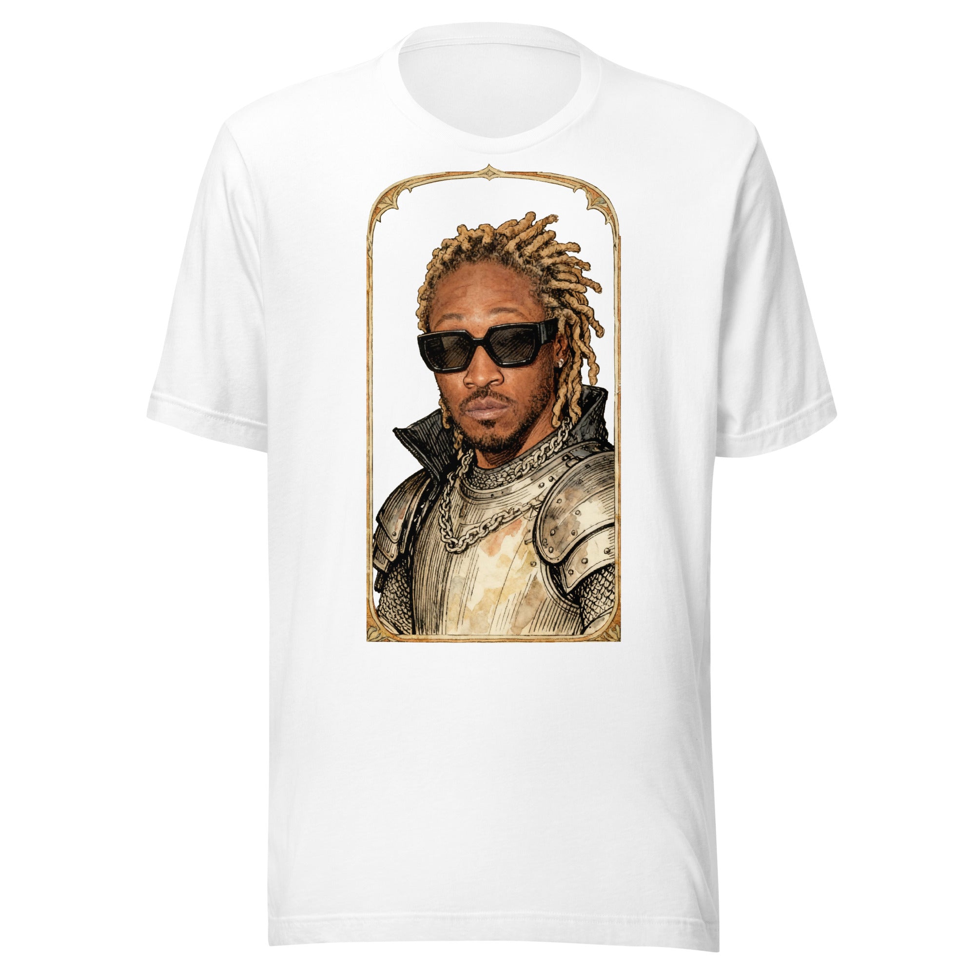 White t-shirt featuring an exclusive pencil-sketch and engraving portrait of Future. The design depicts the artist as a medieval knight wearing detailed plate armor. The artwork is encased in an ornate gold arched border inspired by 14th-century illuminated manuscripts.