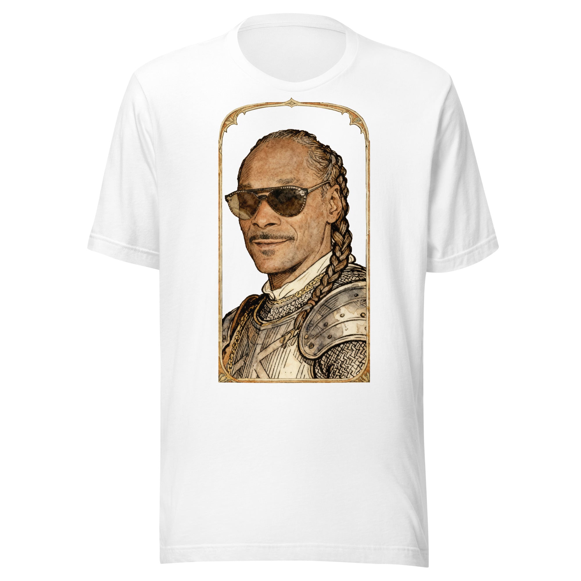 White t-shirt featuring an exclusive pencil-sketch and engraving portrait of Snoop Dogg. The design depicts the artist as a medieval knight wearing detailed plate armor. The artwork is encased in an ornate gold arched border inspired by 14th-century illuminated manuscripts.