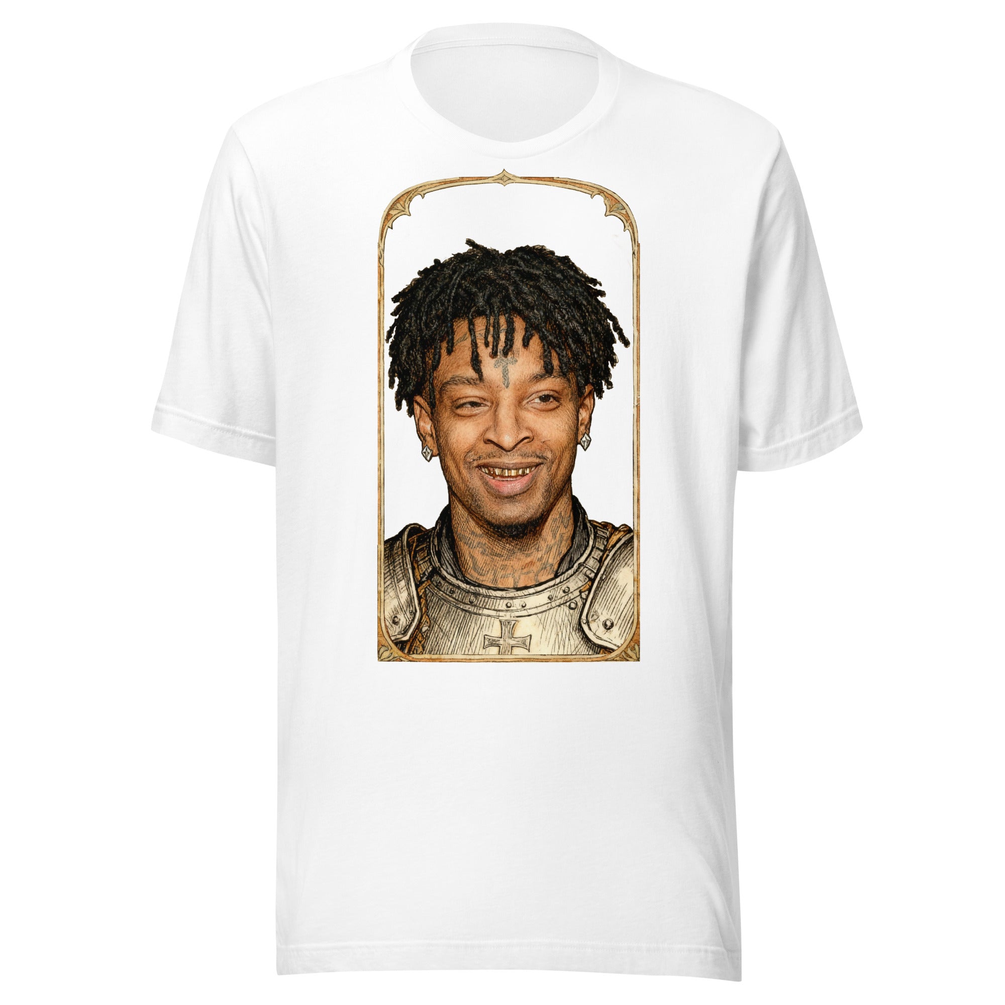 White t-shirt featuring an exclusive pencil-sketch and engraving portrait of 21 Savage. The design depicts the artist as a medieval knight wearing detailed plate armor. The artwork is encased in an ornate gold arched border inspired by 14th-century illuminated manuscripts.
