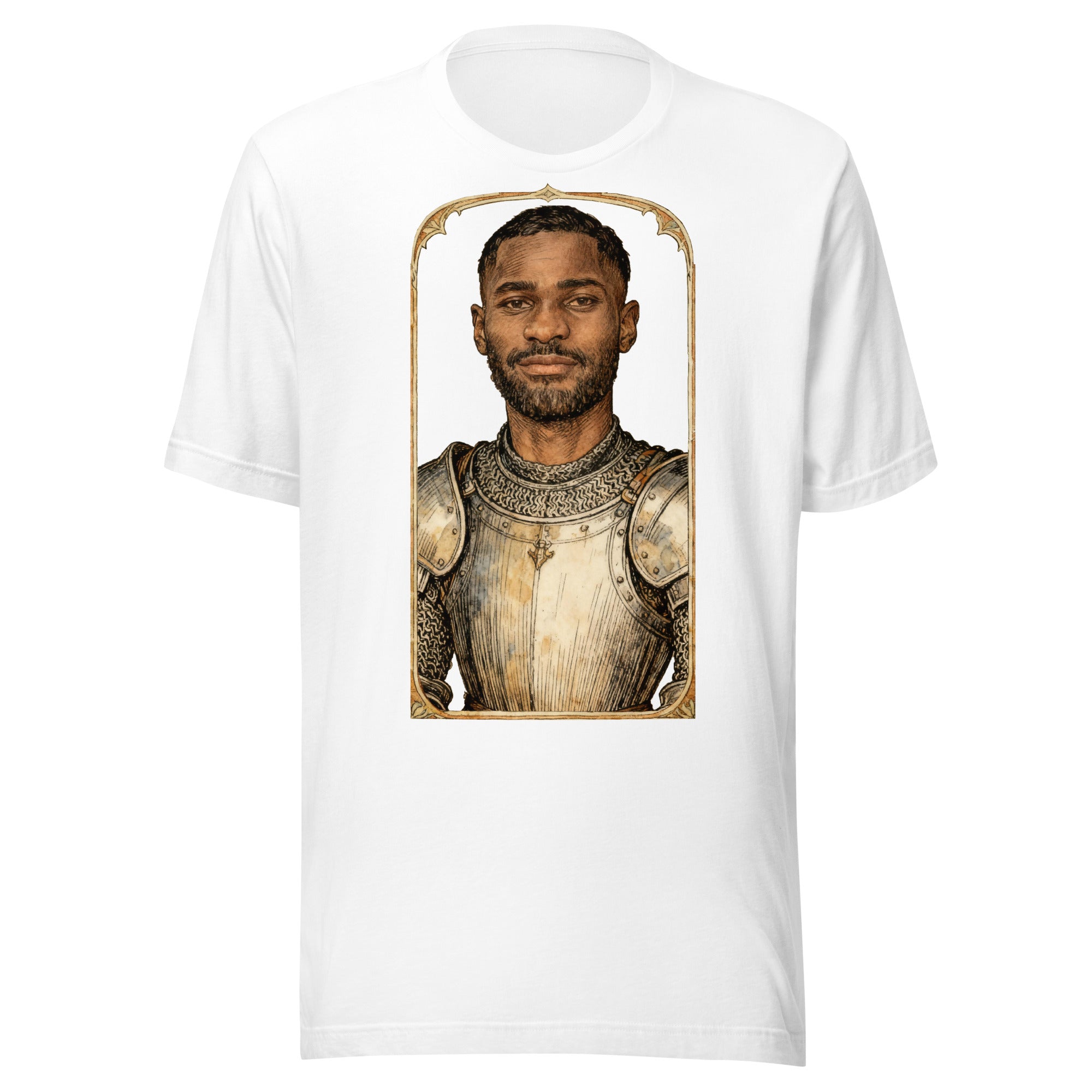 White t-shirt featuring an exclusive pencil-sketch and engraving portrait of Dave. The design depicts the artist as a medieval knight wearing detailed plate armor. The artwork is encased in an ornate gold arched border inspired by 14th-century illuminated manuscripts.