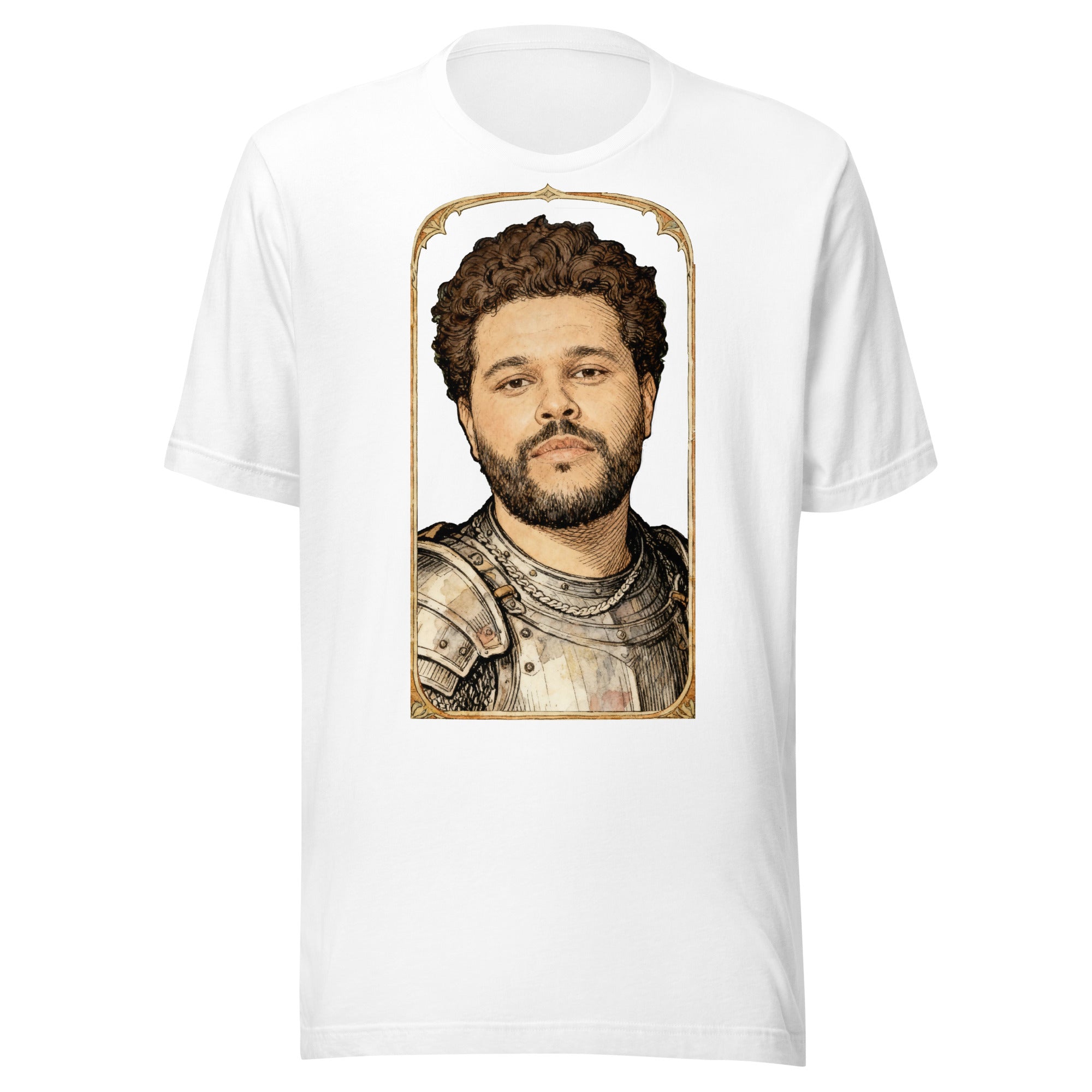 White t-shirt featuring an exclusive pencil-sketch and engraving portrait of The Weeknd. The design depicts the artist as a medieval knight wearing detailed plate armor. The artwork is encased in an ornate gold arched border inspired by 14th-century illuminated manuscripts.