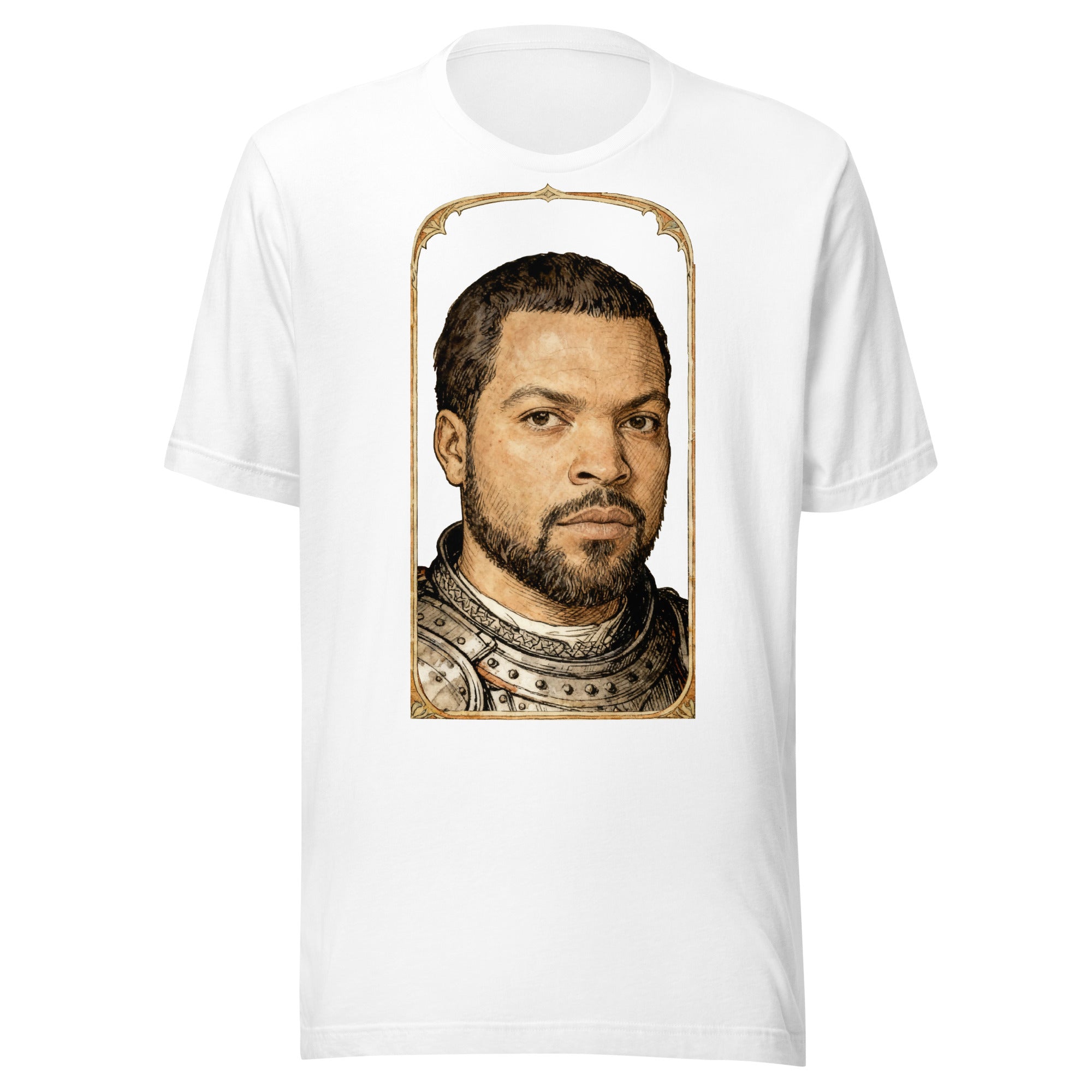 White t-shirt featuring an exclusive pencil-sketch and engraving portrait of Ice Cube. The design depicts the artist as a medieval knight wearing detailed plate armor. The artwork is encased in an ornate gold arched border inspired by 14th-century illuminated manuscripts.