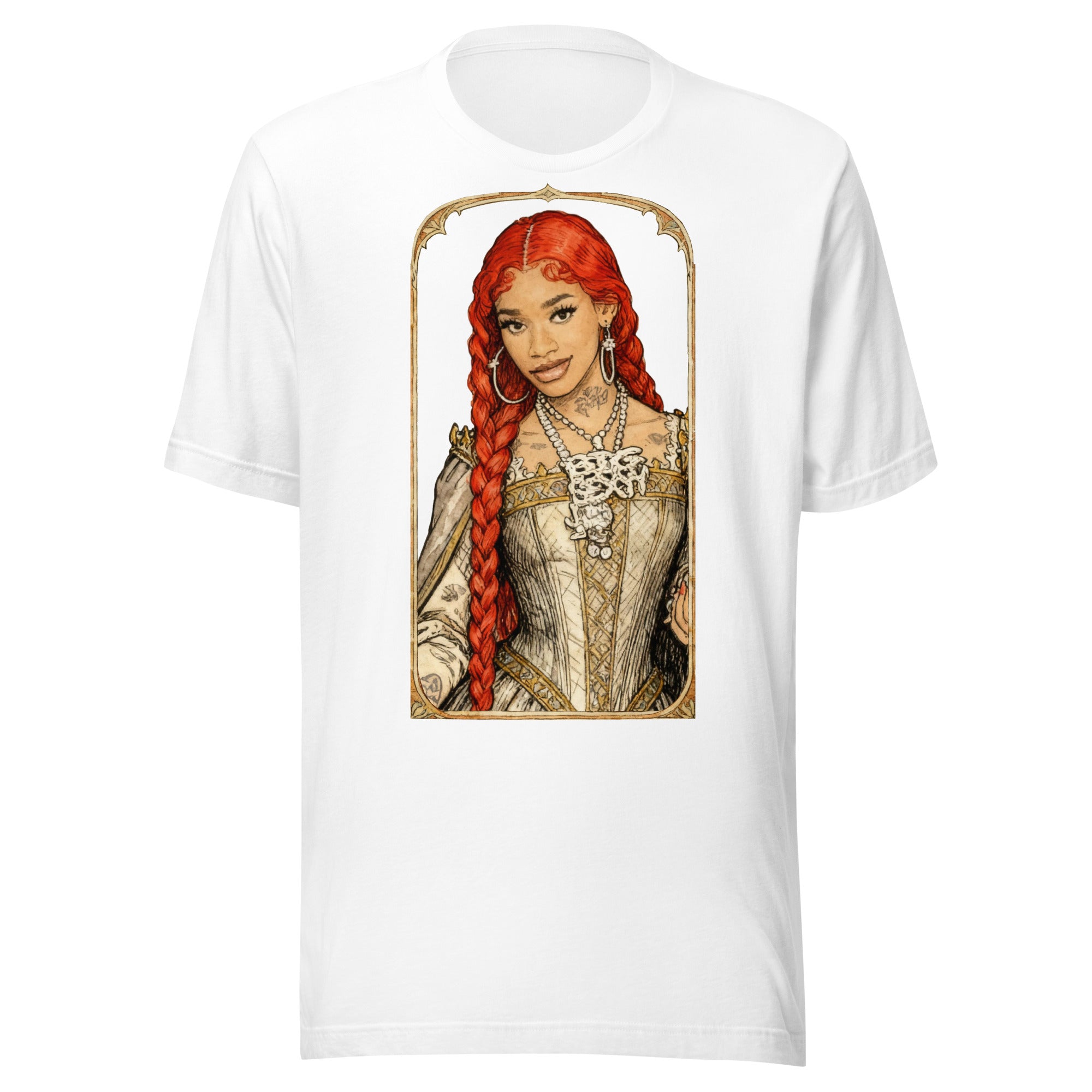 White t-shirt featuring an exclusive pencil-sketch and engraving portrait of Sexyy Red. The design depicts the artist as a medieval knight wearing detailed plate armor. The artwork is encased in an ornate gold arched border inspired by 14th-century illuminated manuscripts.