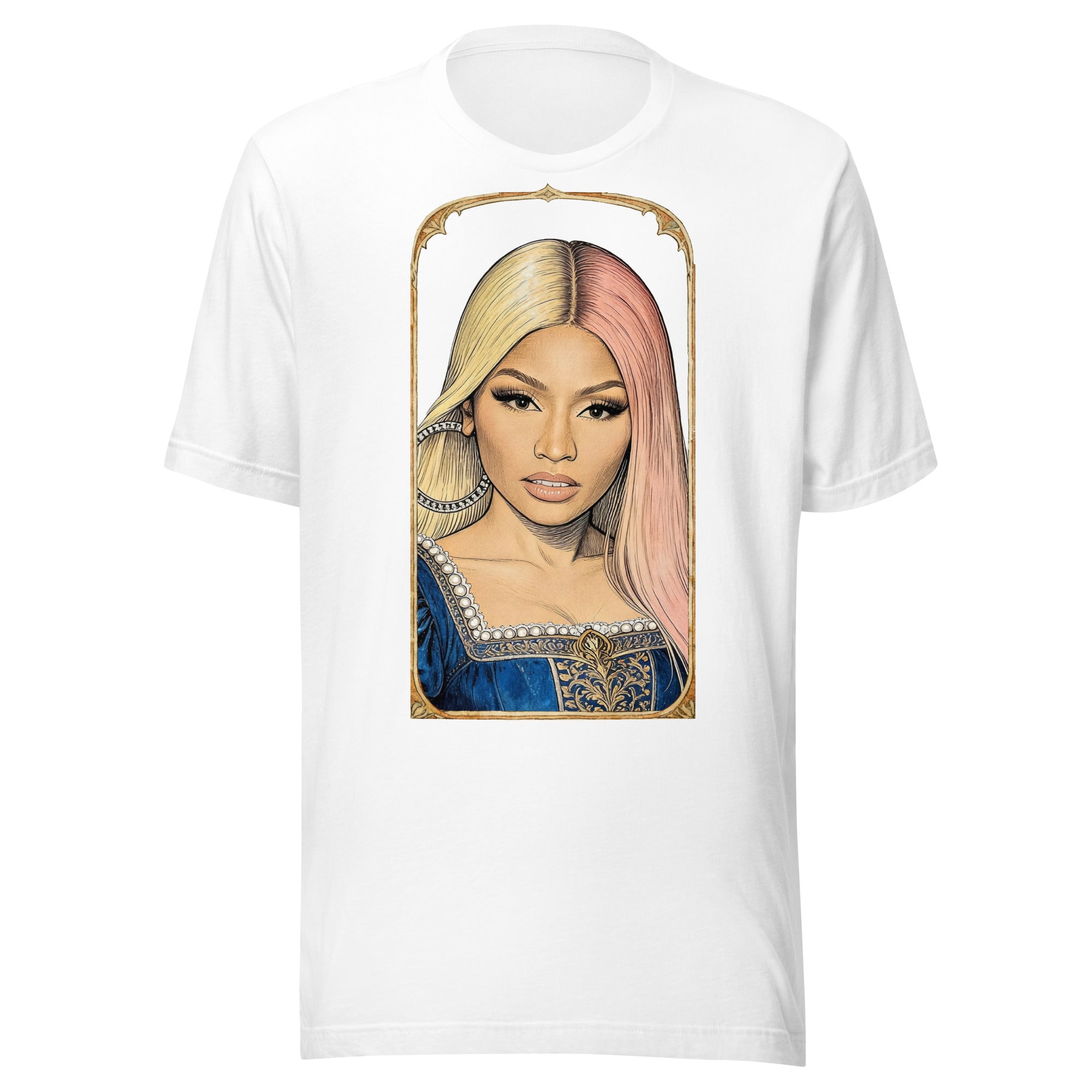 White t-shirt featuring an exclusive pencil-sketch and engraving portrait of Nicki Minaj. The design depicts the artist as a medieval knight wearing detailed plate armor. The artwork is encased in an ornate gold arched border inspired by 14th-century illuminated manuscripts.